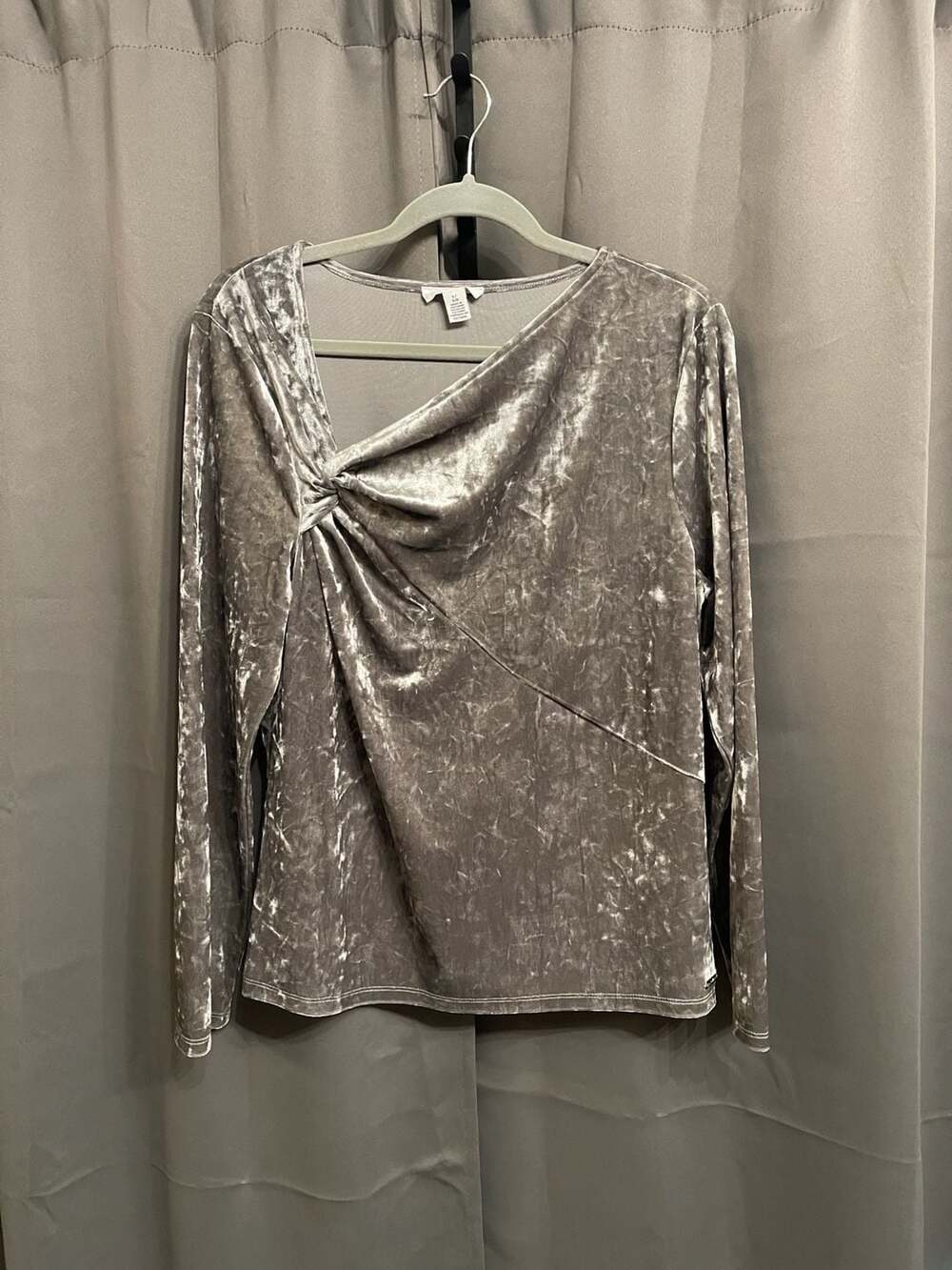 Calvin Klein Crushed Velvet Twisted Long Sleeve Top Size L Grey